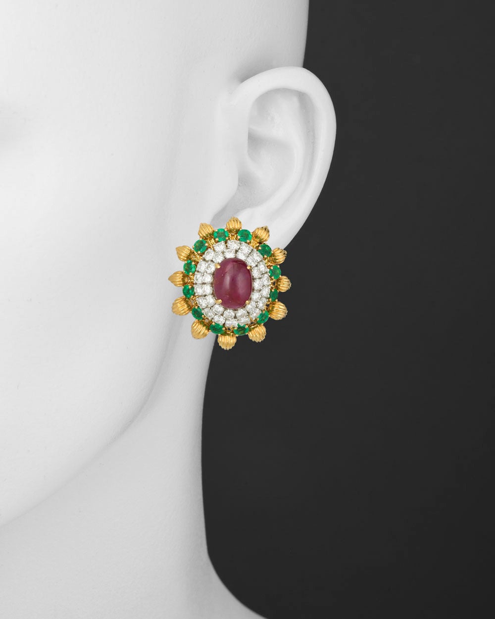 Ruby Emerald Diamond Gold Platinum Bombe Earrings