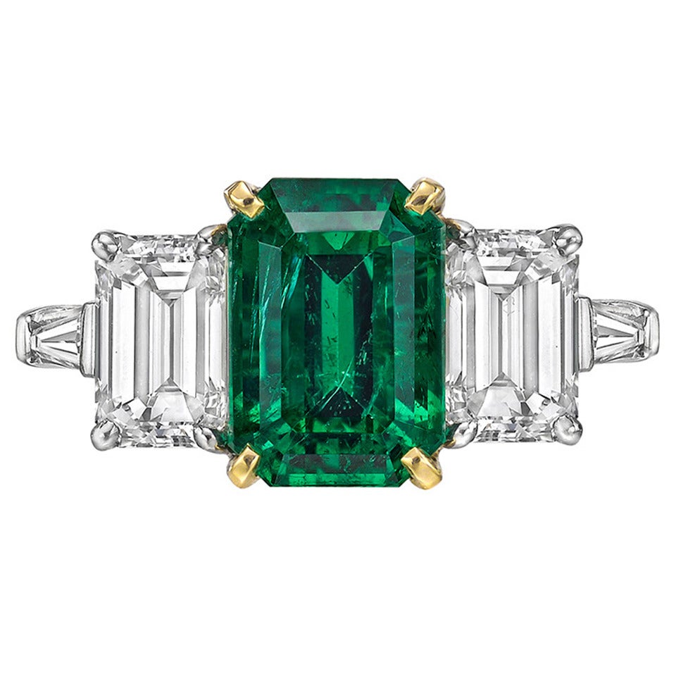 Cartier 3.34 Carat GIA Cert Emerald Diamond Three-Stone Ring