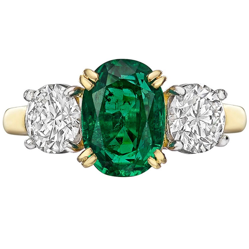 2.07 Carat GIA Cert Colombian Emerald Diamond Three Stone Ring
