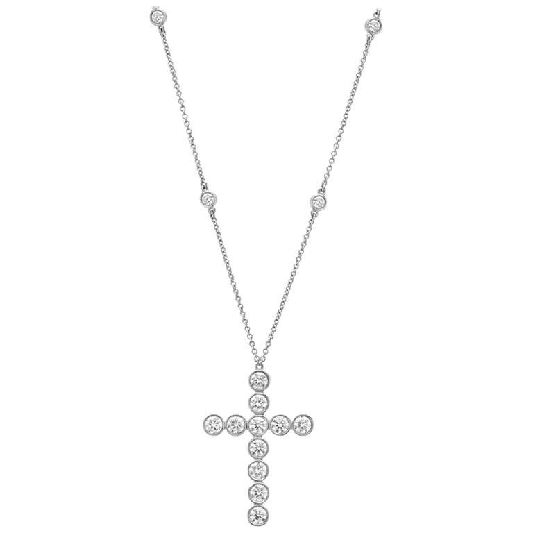 Tiffany and Co. BezelSet Diamond Cross on Diamond Station Chain at