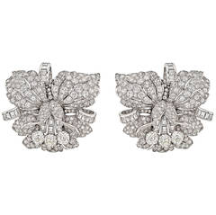 Retro Pair of Diamond Platinum Orchid Flower Dress Clips