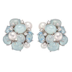 Seaman Schepps Aquamarine, Pearl & Diamond "Bubble" Earclips