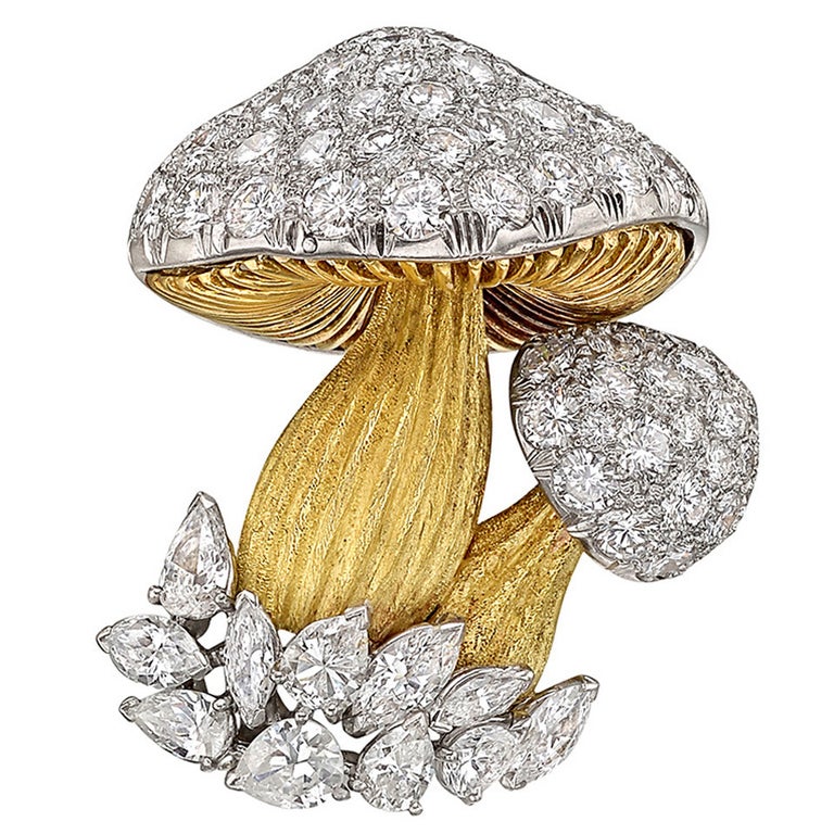 Diamond Gold Platinum Mushroom Brooch at 1stDibs