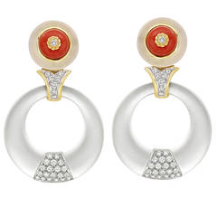 Rock Crystal Coral Diamond Gold Pendant Earrings