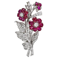 1930s Ruby Diamond Platinum Flower Brooch