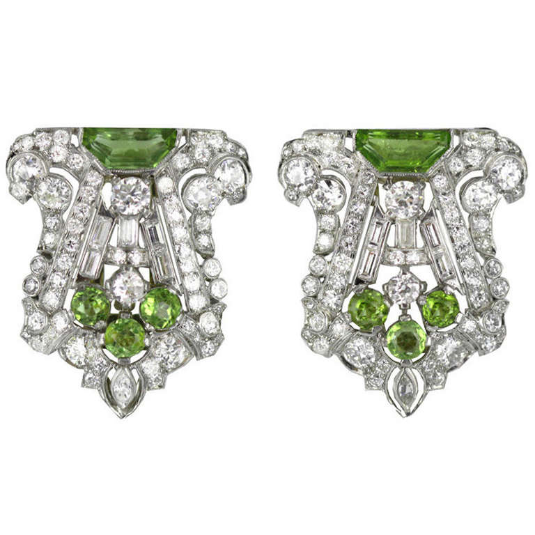 Pair of Art Deco Peridot Diamond Dress Clips