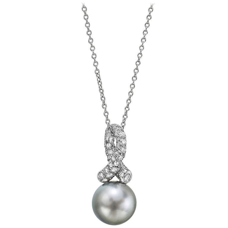 Mauboussin Black Pearl and Diamond Drop Pendant Necklace at 1stDibs