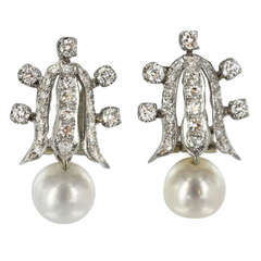 Vintage Ostier Pearl Diamond Drop Earrings