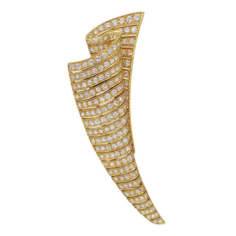 Pave Diamond and Gold Scroll Brooch
