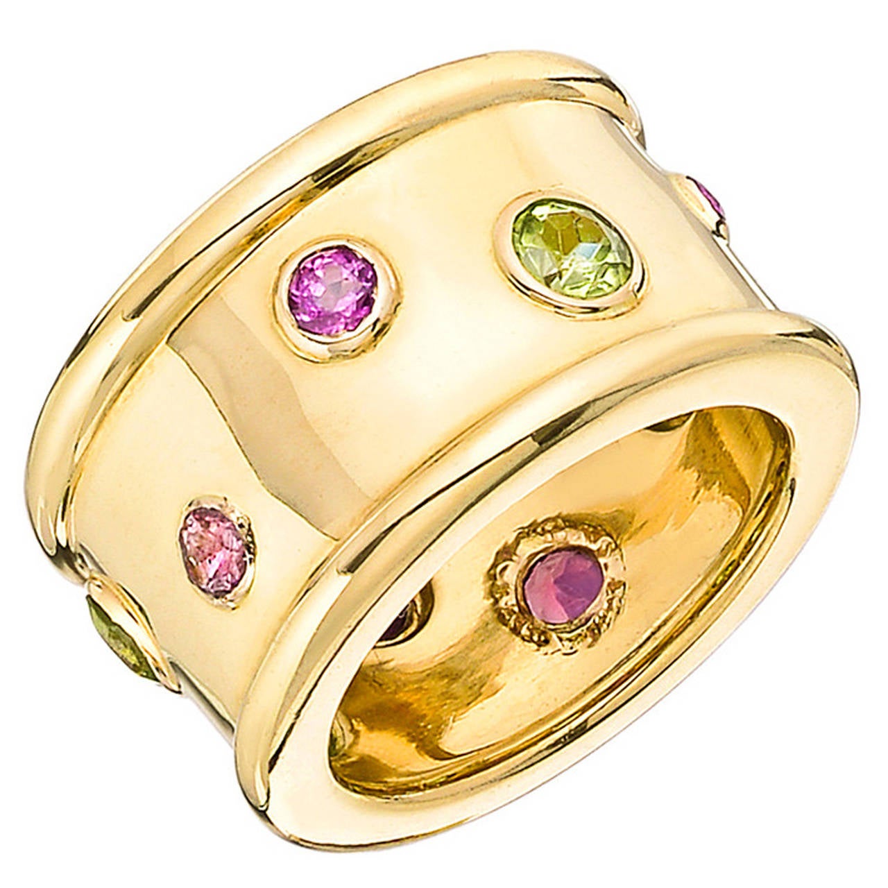 Chanel Peridot Pink Tourmaline Gold Wide Band Ring