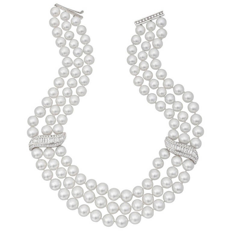 3-Strand South Sea Pearl and Diamond Necklace at 1stDibs