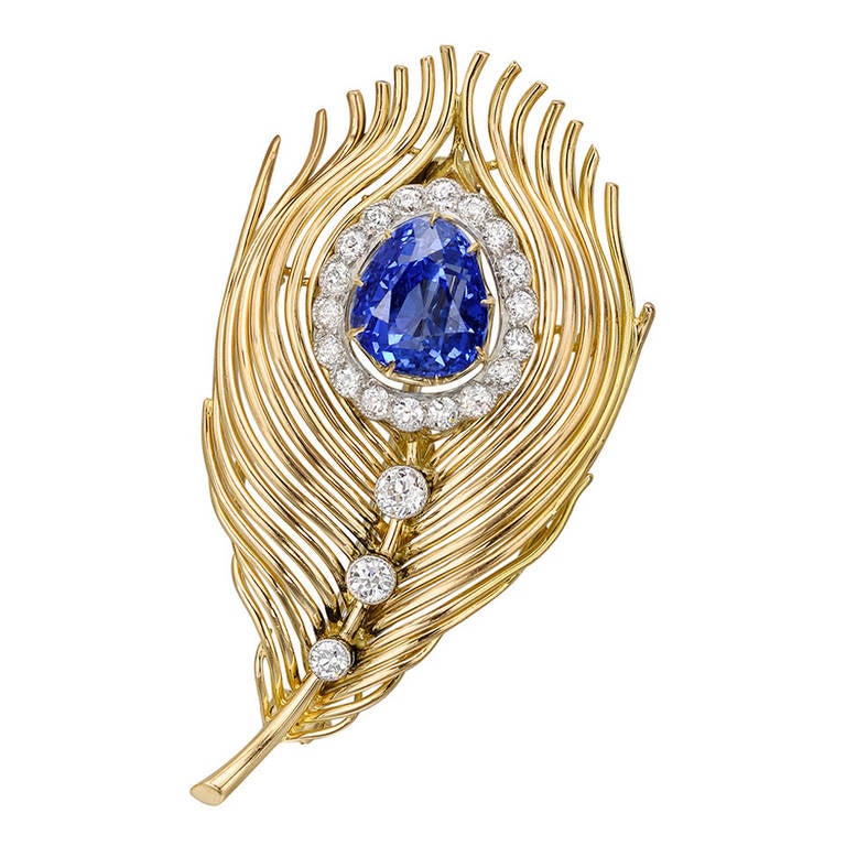Sapphire Peacock Feather Brooch
