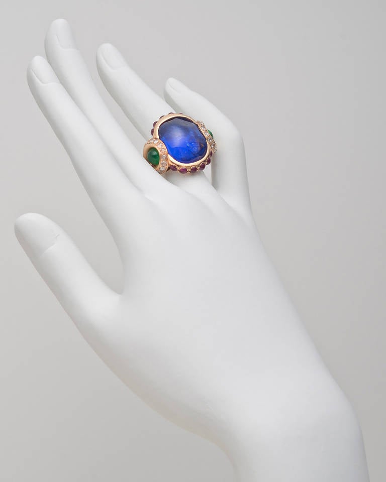 Burmese Sapphire, Emerald & Ruby Cocktail Ring