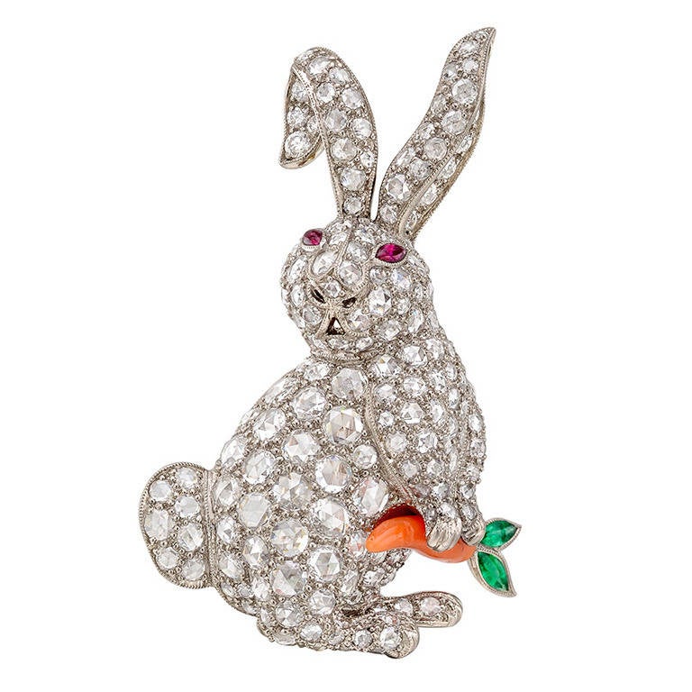 Diamond Rabbit with Coral Carrot Brooch