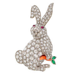Vintage Diamond Rabbit with Coral Carrot Brooch