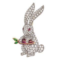 Vintage Diamond Rabbit with Ruby Carrot Brooch