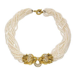 Seed Pearl Necklace with Pave Diamond Lion Motifs