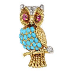 French Gem-Set Gold Owl Pin