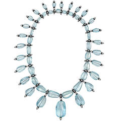 Aquamarine Bead Onyx Diamond Fringe Necklace