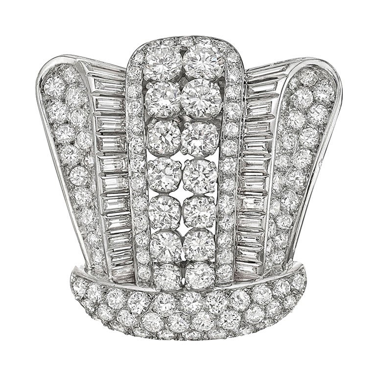 French Diamond Platinum Crown Brooch