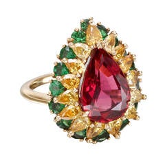 Vintage Red Spinel Green Tsavorite Yellow Diamond Ring
