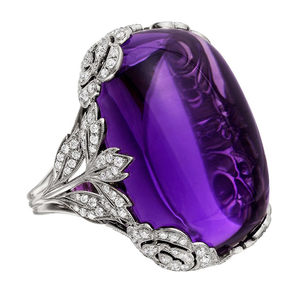 86 Carat Cabochon Amethyst Diamond White Gold Ring