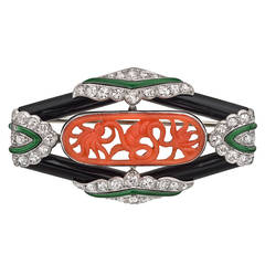 Art Deco Enamel Coral Diamond Pin
