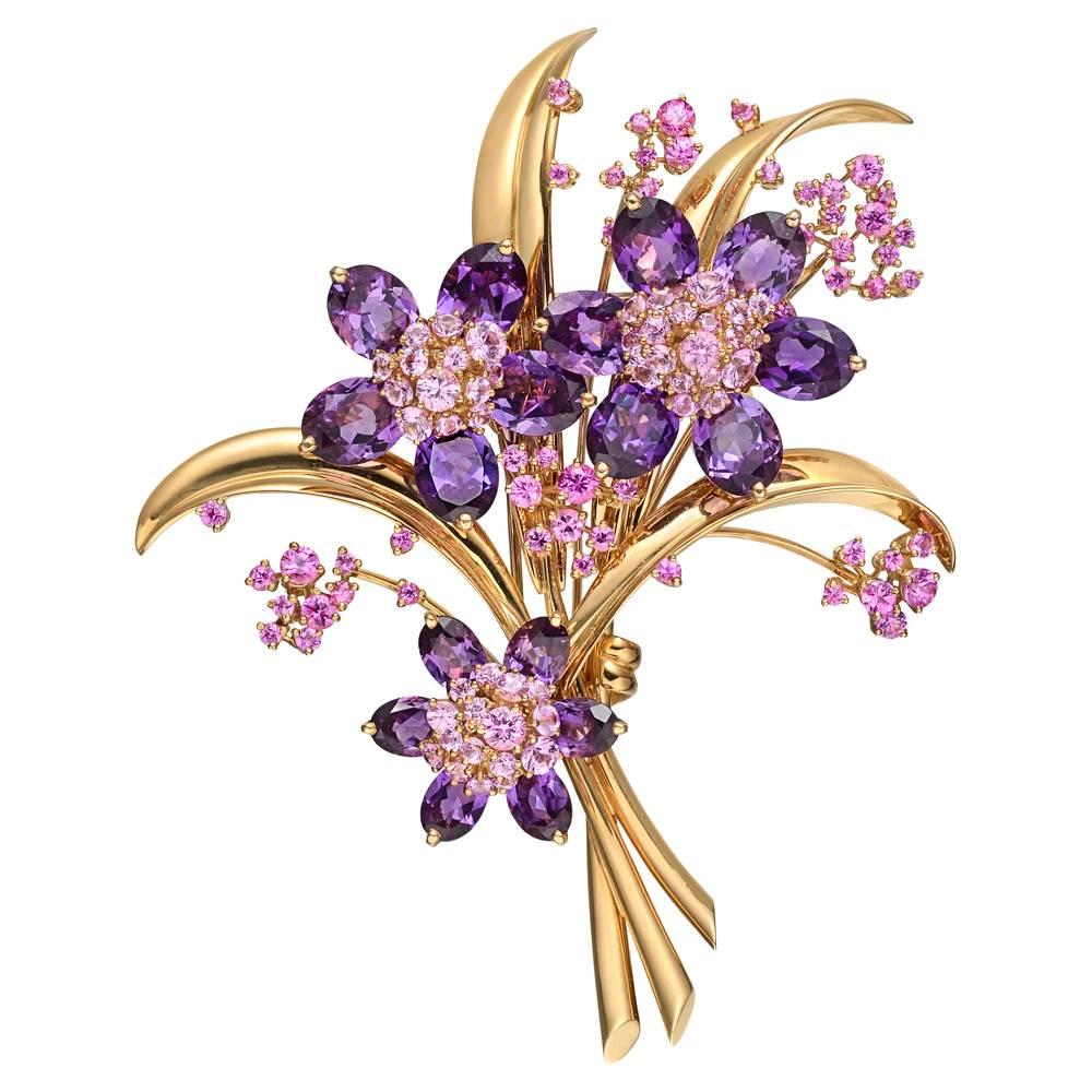 Van Cleef and Arpels Amethyst Pink Sapphire Hawaii Bouquet Brooch at