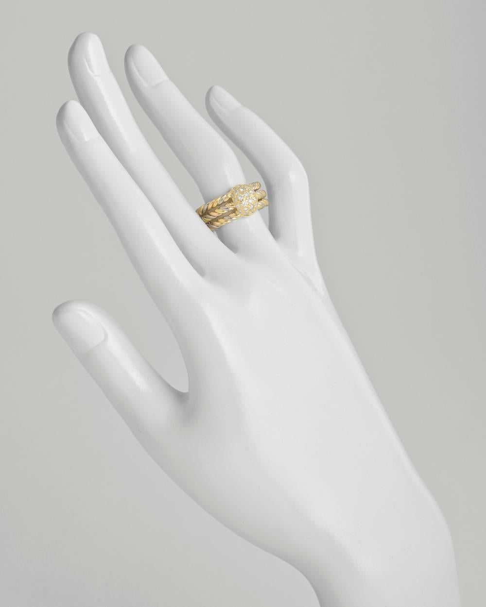 3-row twist-rope band ring in 18k pink, yellow and white gold, centering a domed pavé-set diamond center, the diamonds weighing approximately 0.38 total carats, the domed center measuring 10mm in width at widest point, numbered 81266, signed
