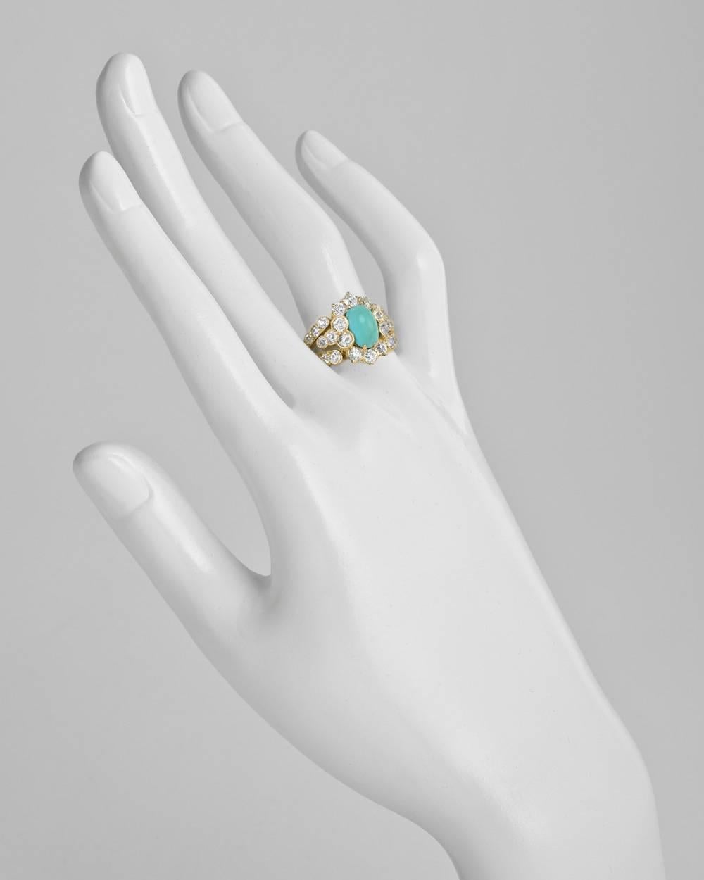 Antique dress ring, centering an oval-shaped cabochon turquoise measuring 9.2 x 6mm, surrounded by old European-cut diamonds, mounted in 18k yellow gold, circa 1890s. Thirty-two diamonds weighing approximately 1.80 total carats. Size 8 (resizable to