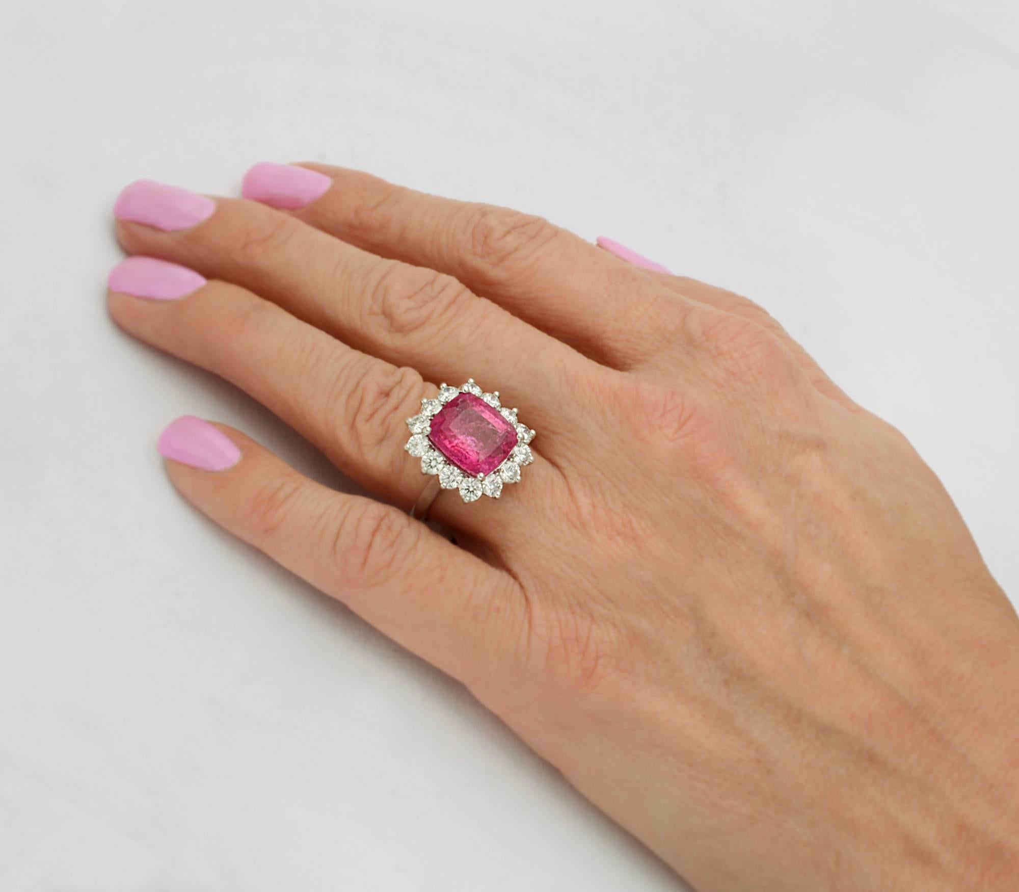 6.99 Carat Rubellite Diamond platinum Cluster Ring In Excellent Condition In Greenwich, CT
