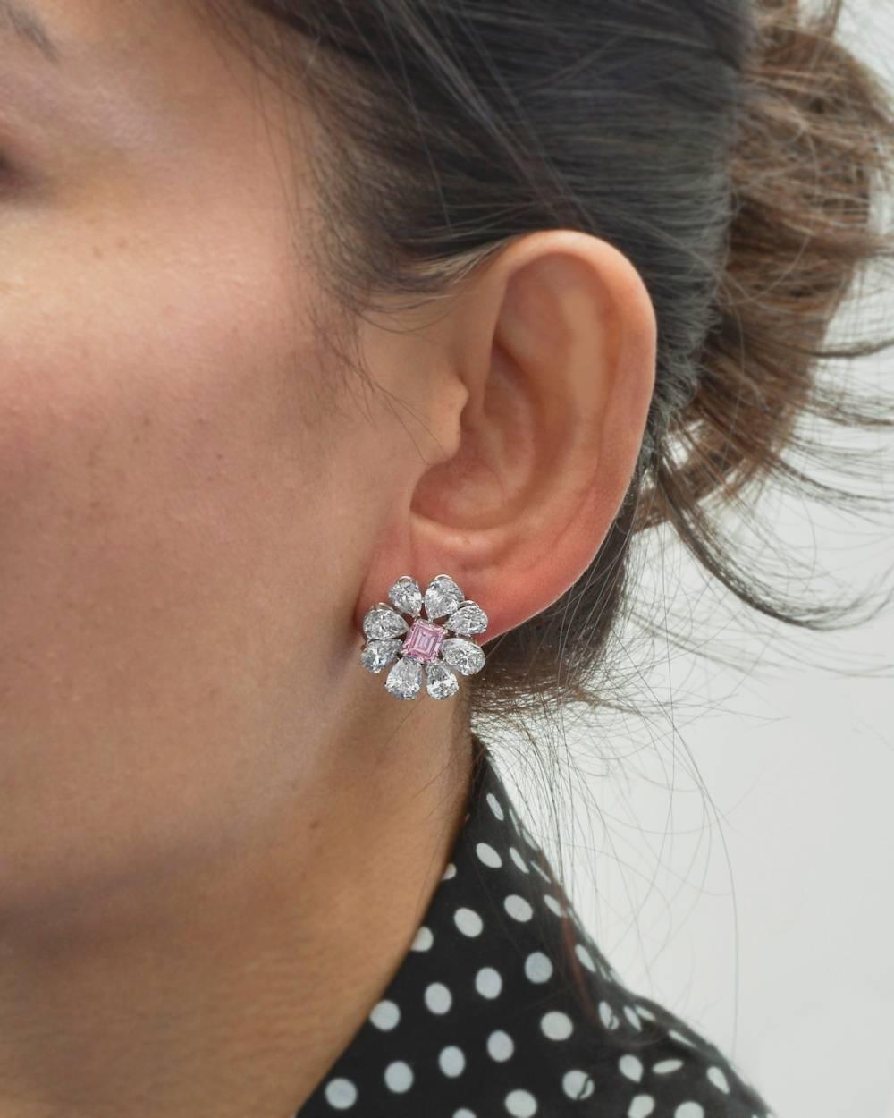 Martin Katz Fancy Intense Pink Colorless Diamond Cluster Earrings In Excellent Condition In Greenwich, CT