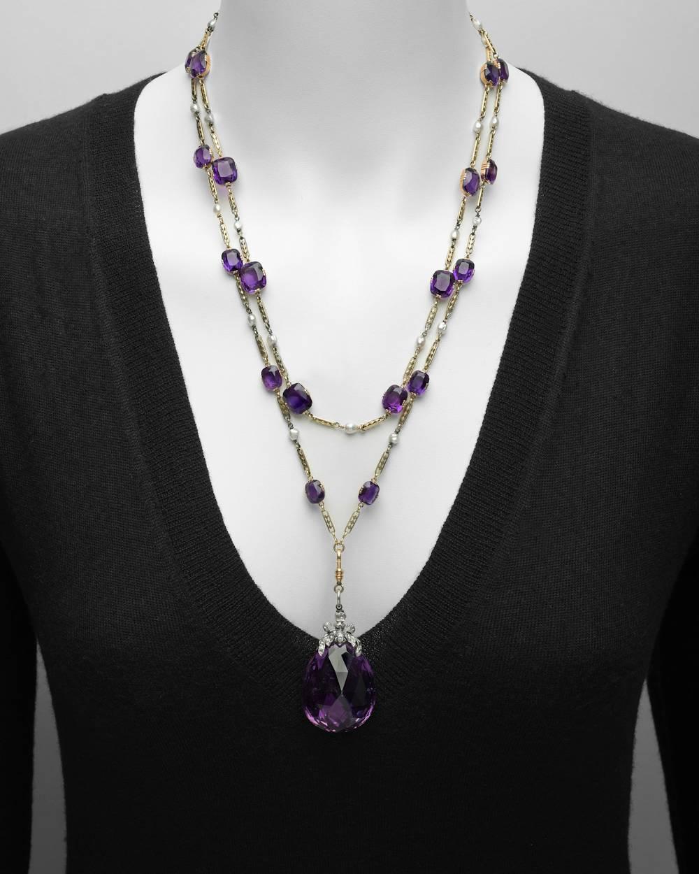 Antique Russian Amethyst Drop Long Necklace In Excellent Condition In Greenwich, CT