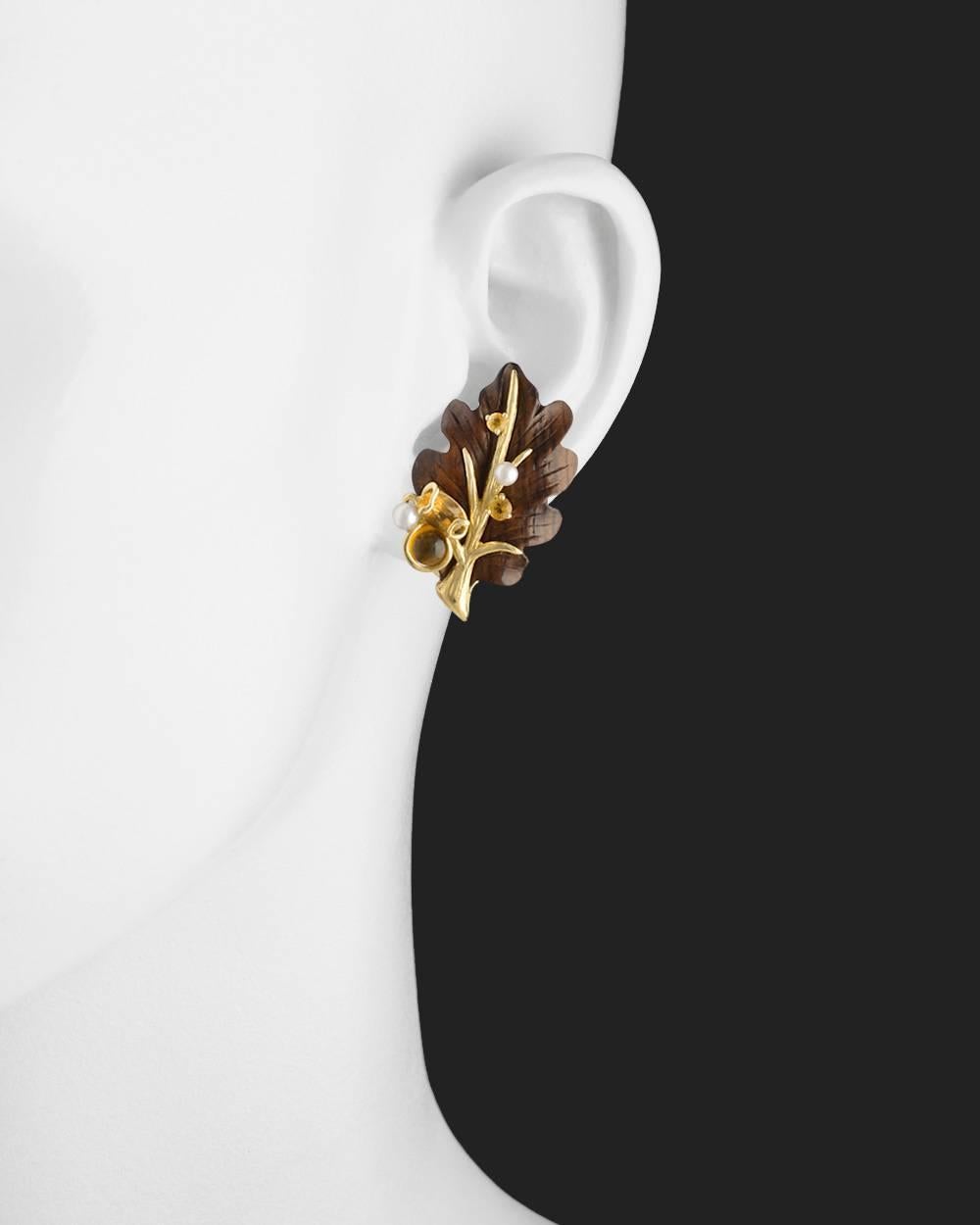 Leaf earrings, in carved rosewood and 18k yellow gold, accented by various-shaped citrines and small round pearls, numbered 20394, signed Seaman Schepps. Clip backs with posts. 1.3