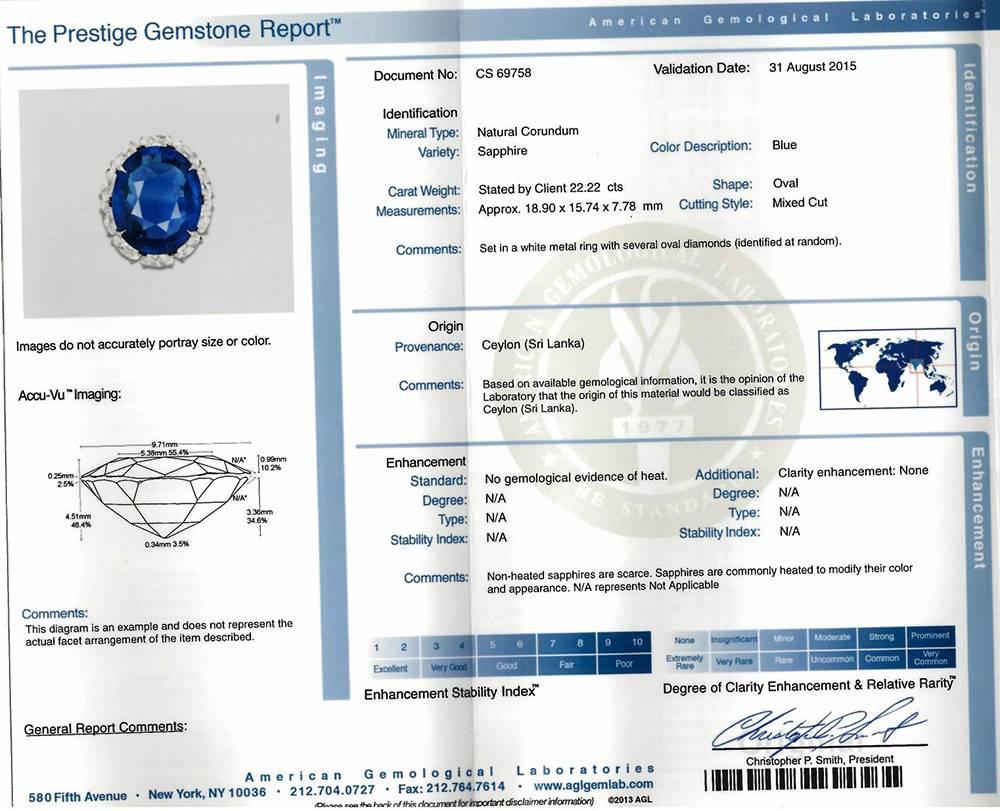 22.22 Carat No-Heat Ceylon Sapphire Ring In Excellent Condition In Greenwich, CT