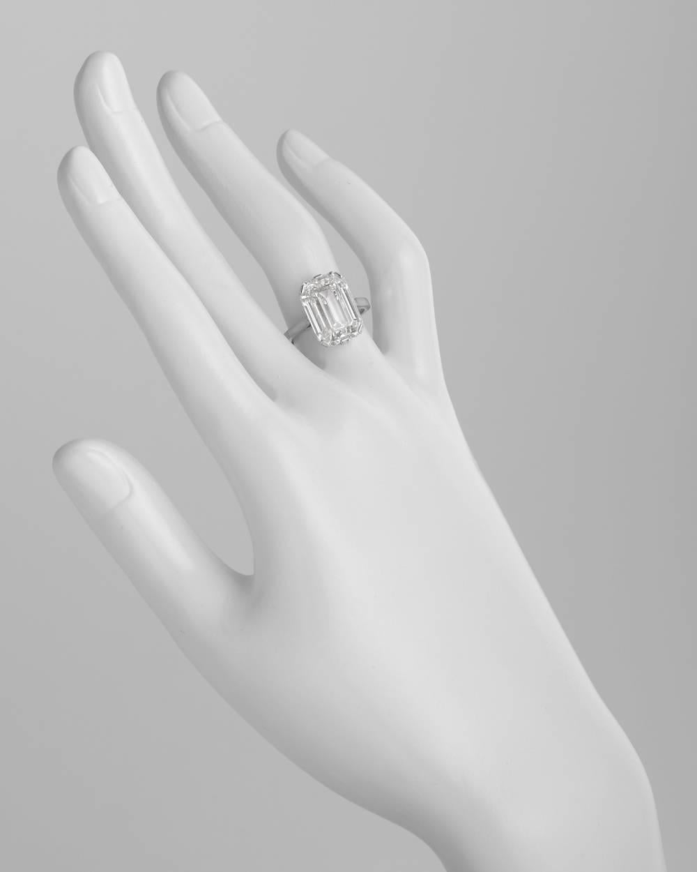 Diamond solitaire engagement ring, centering on an antique-style cut-cornered emerald-cut diamond weighing 8.40 carats (K-color/VS2-clarity) and measuring approximately 14 x 10mm from the top, mounted in platinum. Size 6 (resizable to most ring