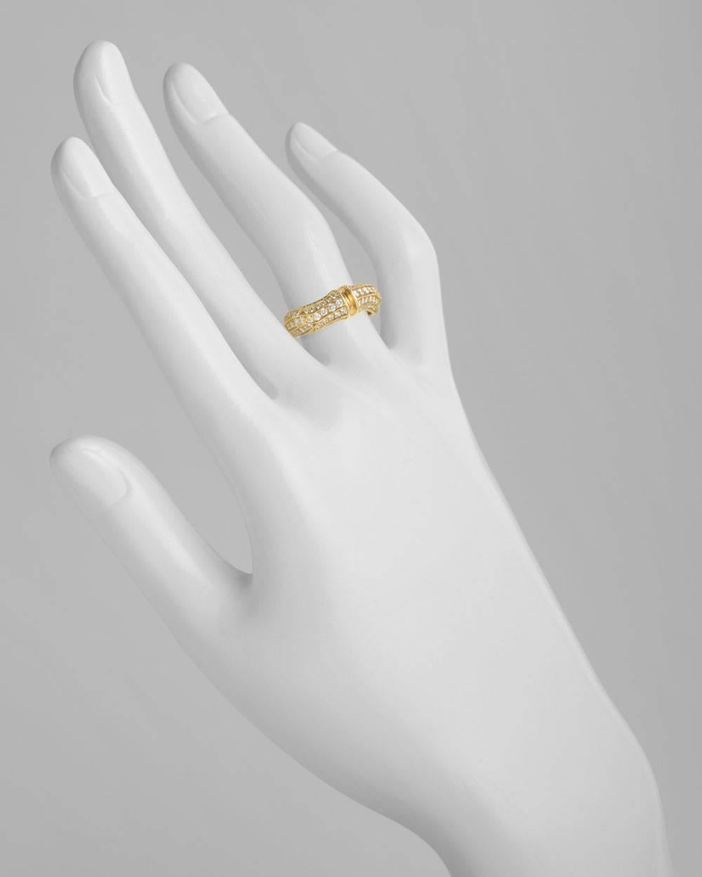 Diamond-set bamboo-motif band ring, mounted in 18k yellow gold, set with round brilliant cut diamonds weighing approximately 0.95 total carats (G color/VVS-VS clarity), numbered 693233, signed Cartier. Size 4.5 (European - 48).