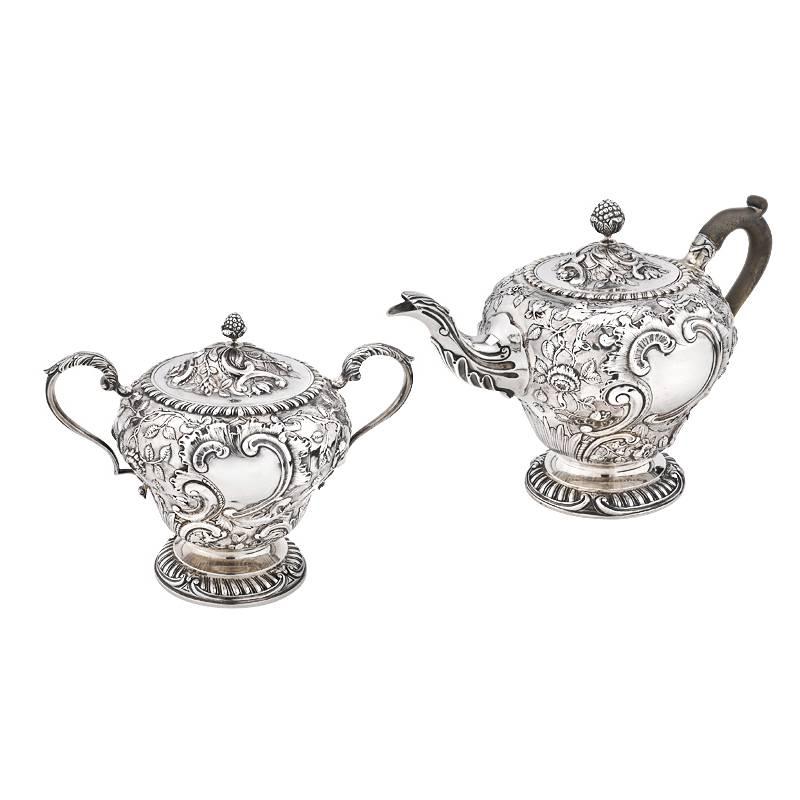 George III-style handmade 6-piece tea and coffee service in sterling silver, comprising a hot water kettle with hinged cover and stand, teapot with hinged cover, coffee pot with hinged cover, sugar bowl with removable cover, milk jug and waste bowl,