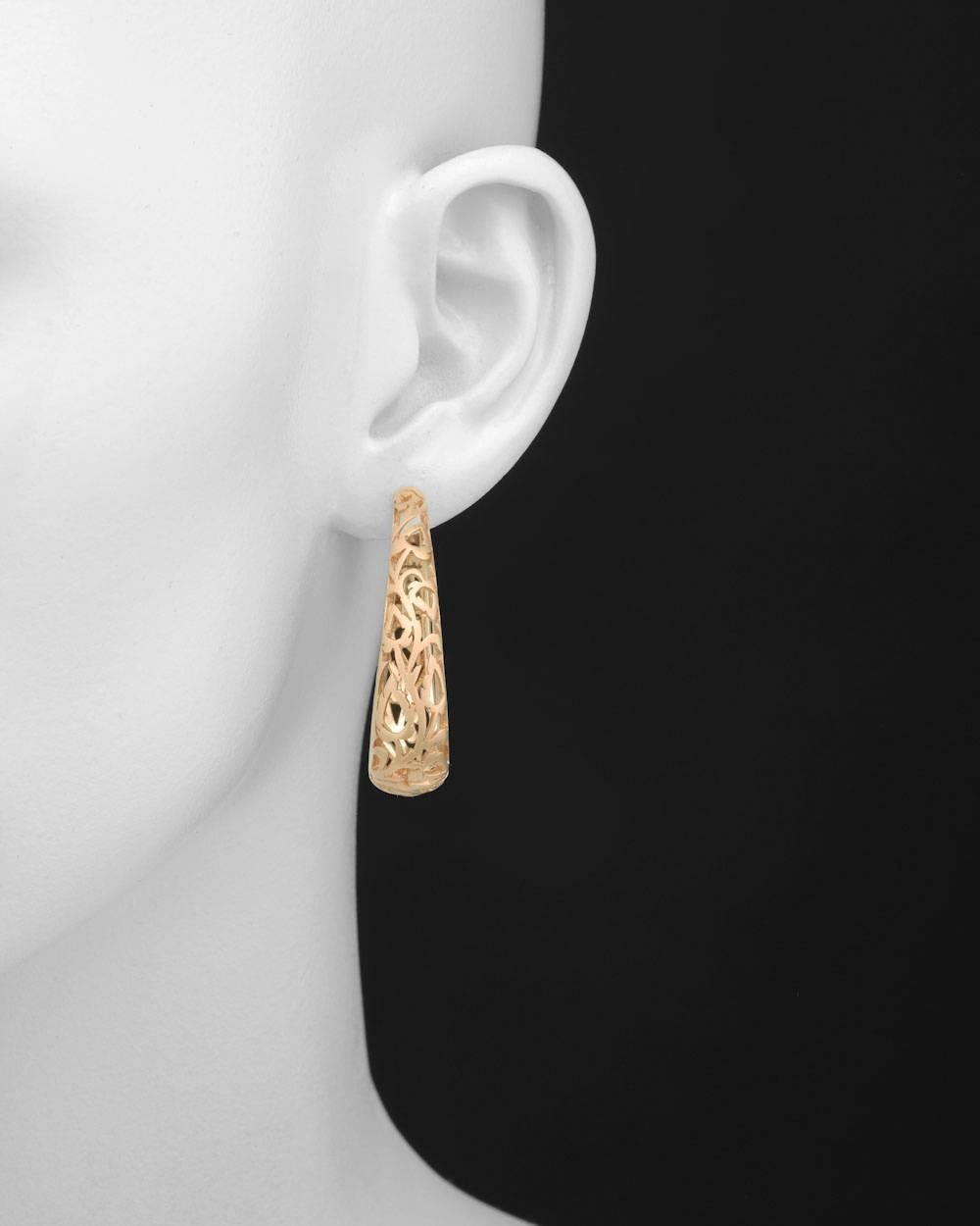 Openwork scrolling leaf motif hoop earrings, in matte-finished 18k pink gold, hinged with posts for pierced ears, signed Pomellato. 1.55