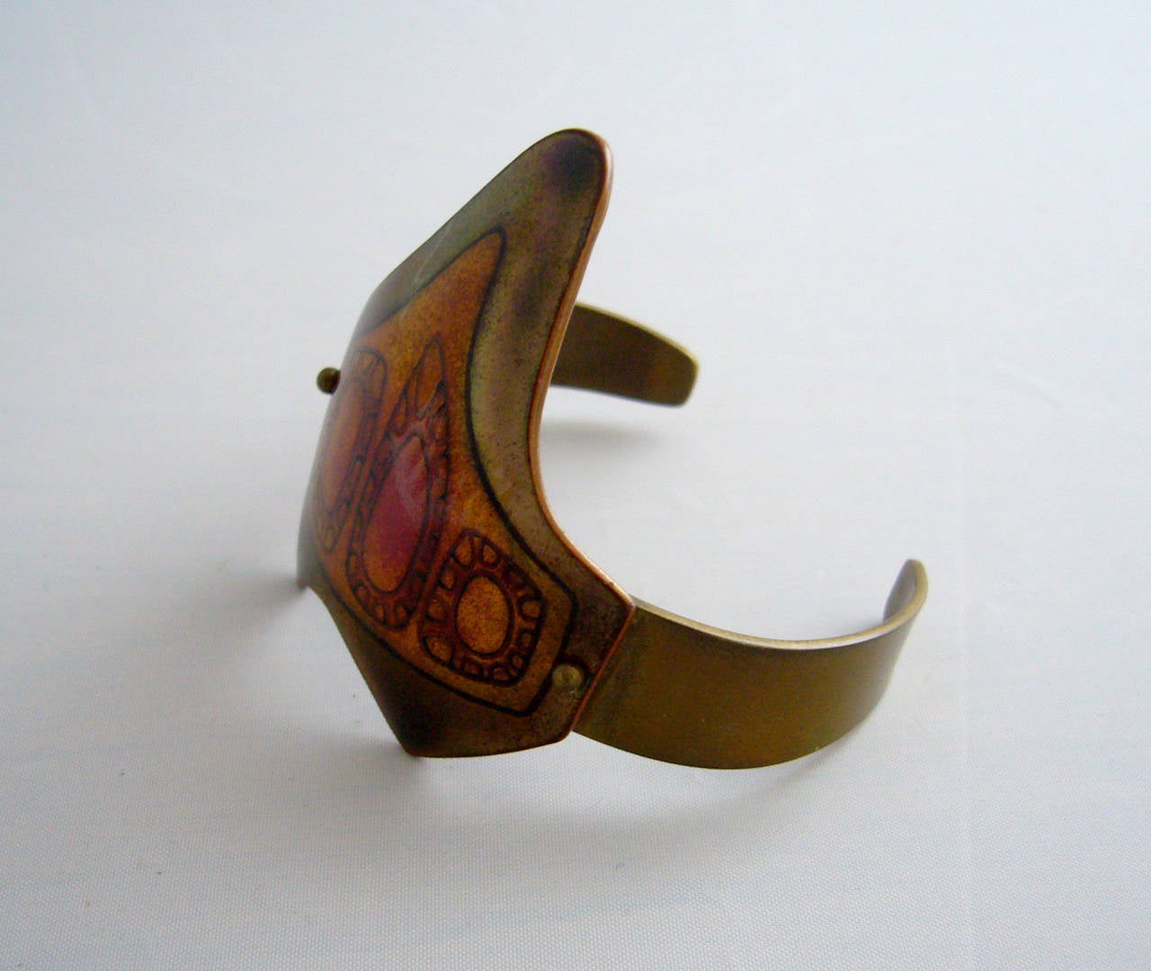 An enamel cuff bracelet with abstract design, created by Jack Boyd of San Diego.  Bracelet has about 7.25