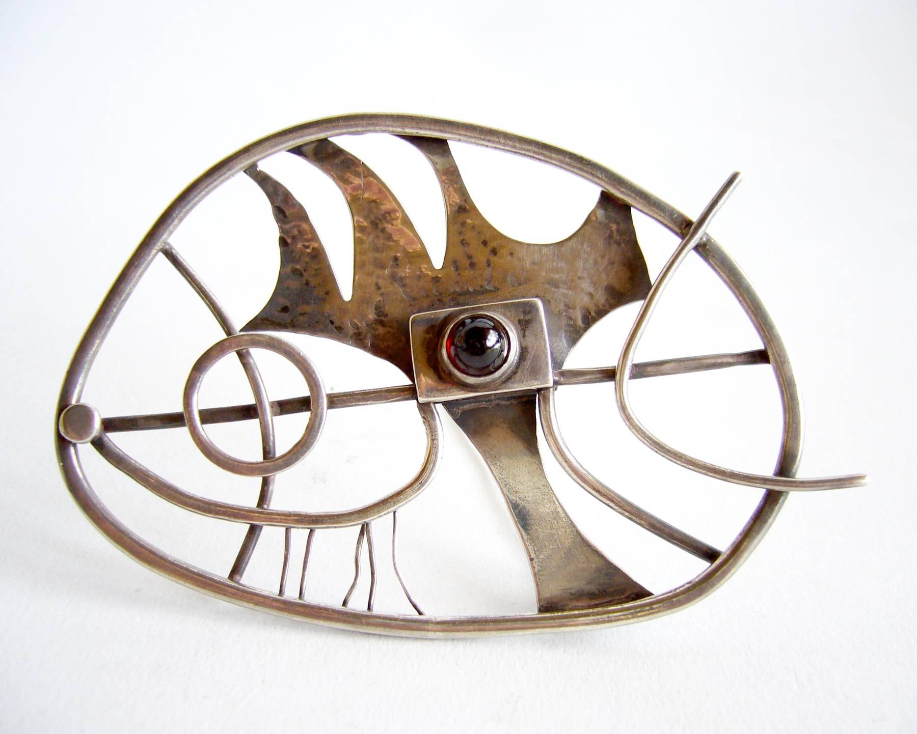 Women's Sterling Silver Garnet American Abstract Modernist Brooch