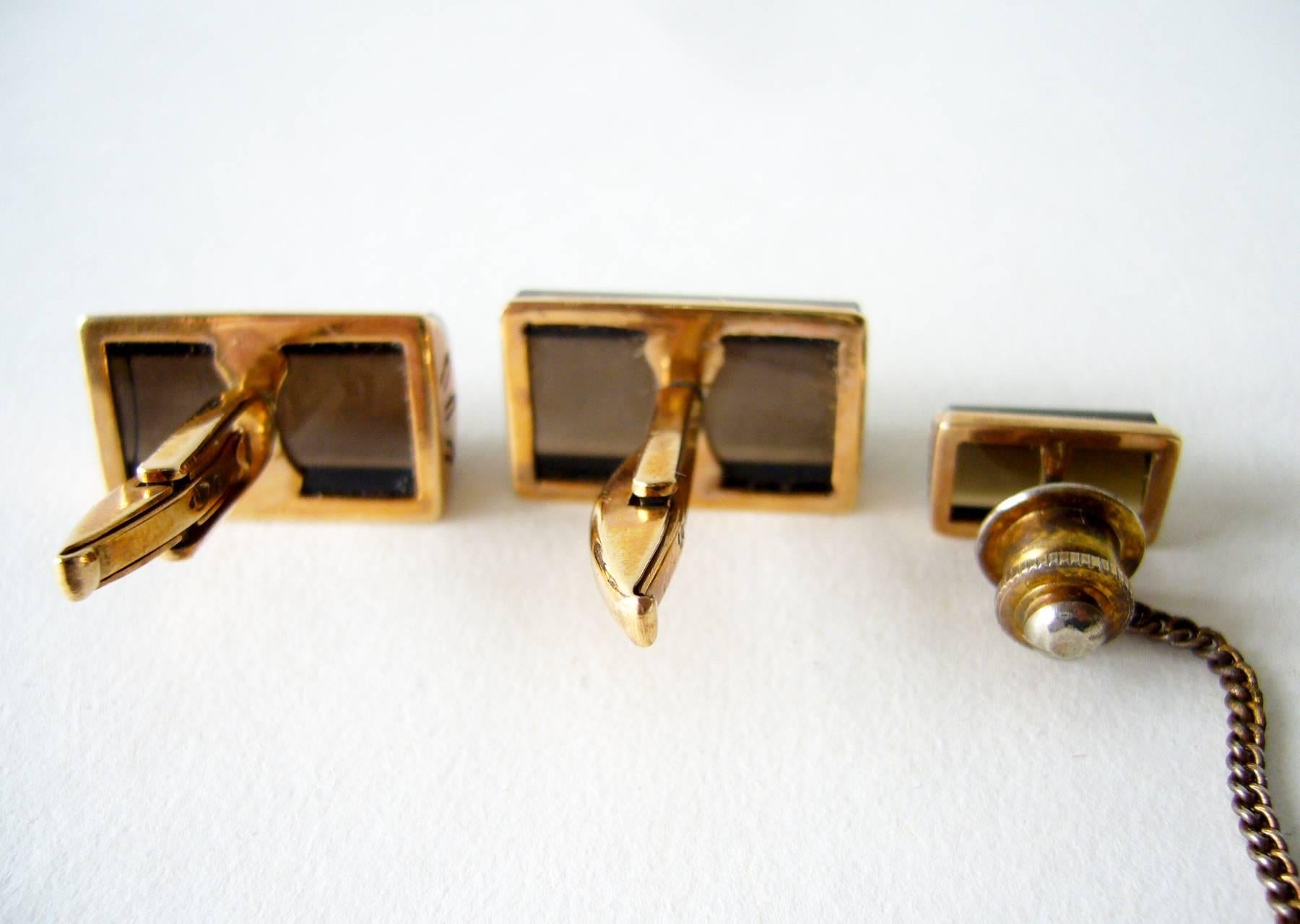 Sugarloaf Cabochon 14k Rose Gold Smokey Quartz Modernist Cufflinks and Tie Tac For Sale