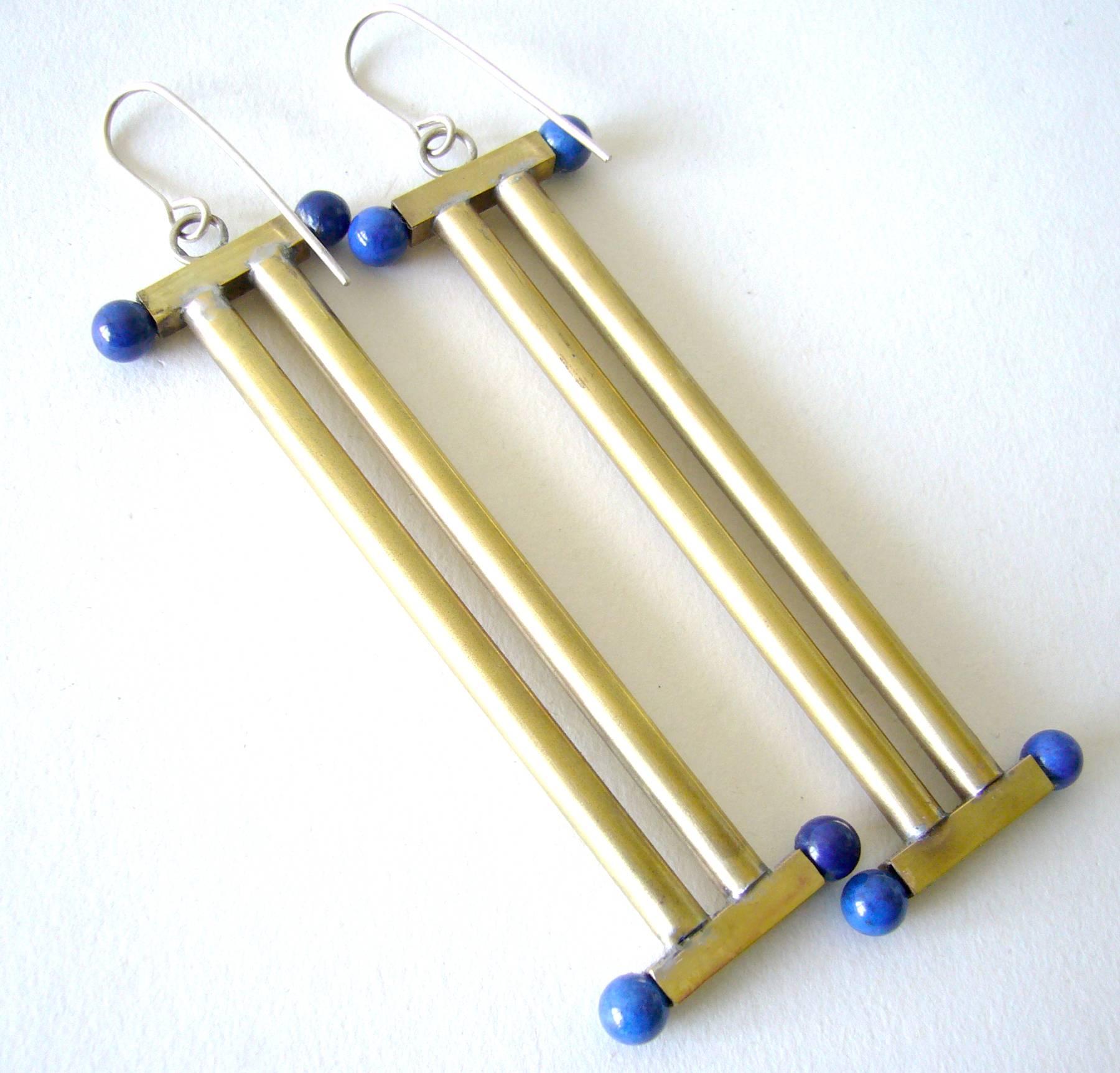 Handmade brass and lapis lazuli column earrings in the Post Modernist style designed and created by Heidi Abrahamson.  Earrings measure 3.75