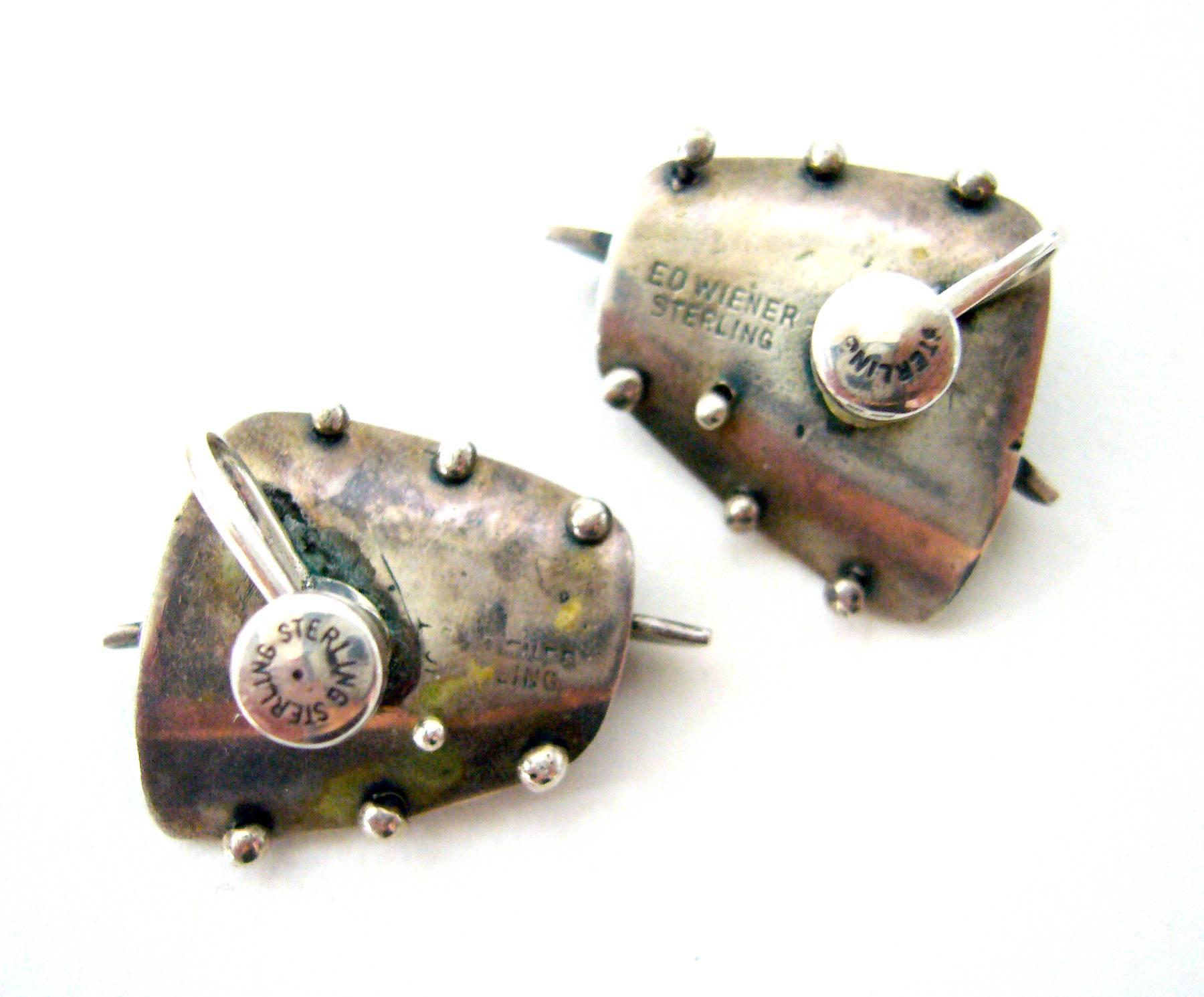 Ed Wiener Coral Sterling Silver Abstract American Modernist Earrings In Good Condition In Palm Springs, CA