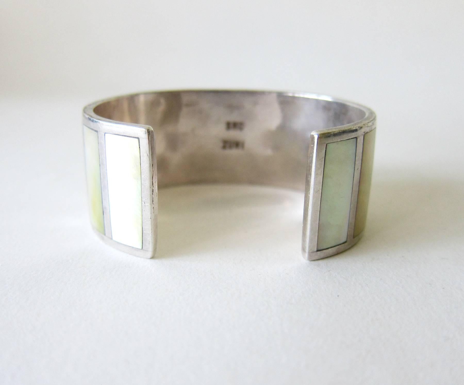 Native American Zuni Sterling Silver Mother of Pearl Shell Cuff Bracelet