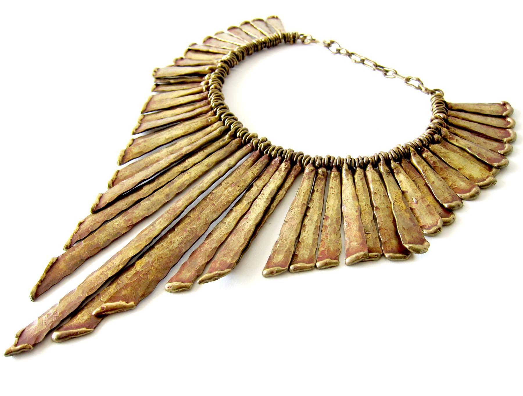 Large scale bronze fringe statement necklace by Pal Kepenyes of Acapulco, Mexico. Necklace has a wearable neck length of 16