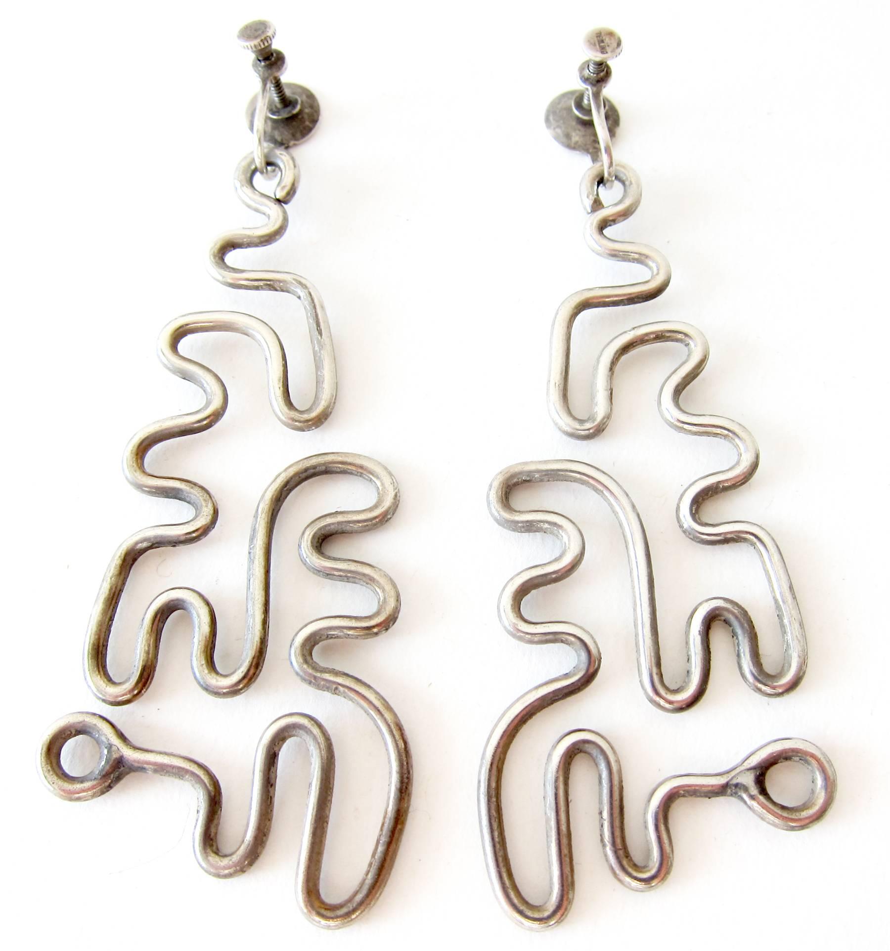 Milton Cavagnaro Sterling Silver Modernist Puzzle Earrings In Excellent Condition In Palm Springs, CA