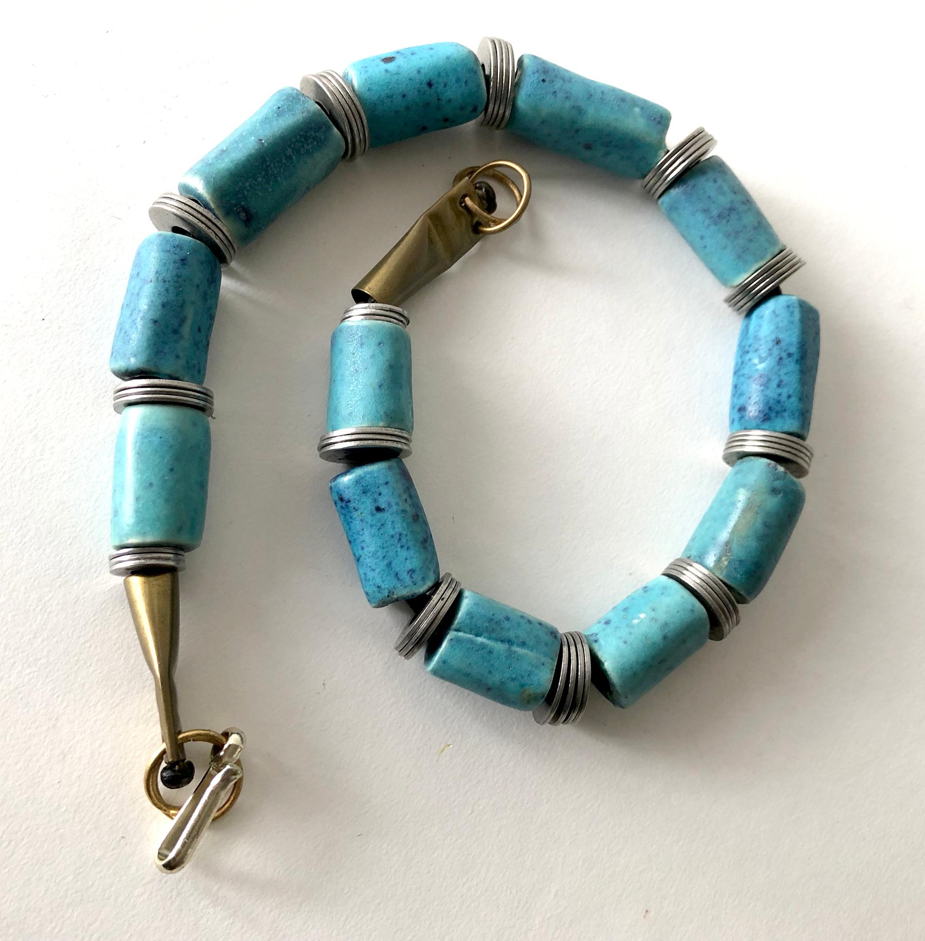 Doyle Lane Turquoise Ceramic Bead Steel California Studio Necklace In Good Condition In Palm Springs, CA