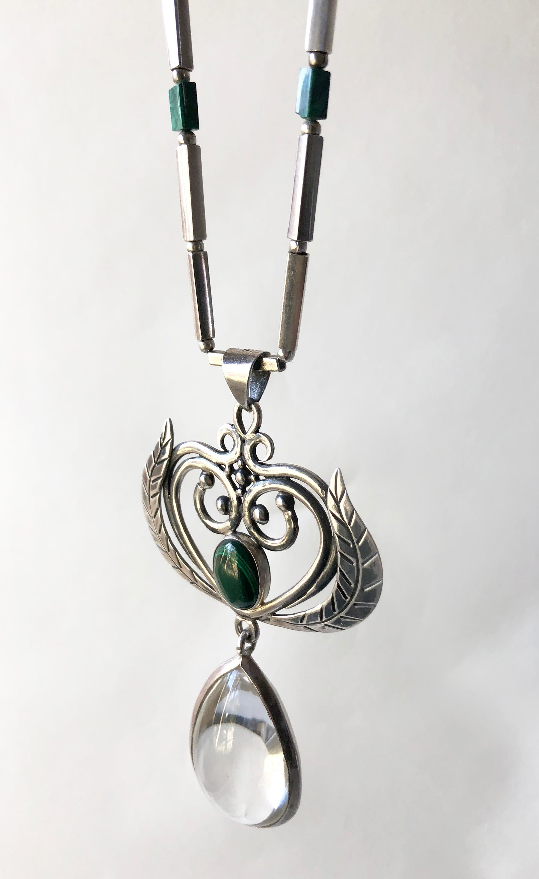 Moderniste Los Castillo, rare collier moderne mexicain en argent sterling avec malachite et cristal de roche en vente