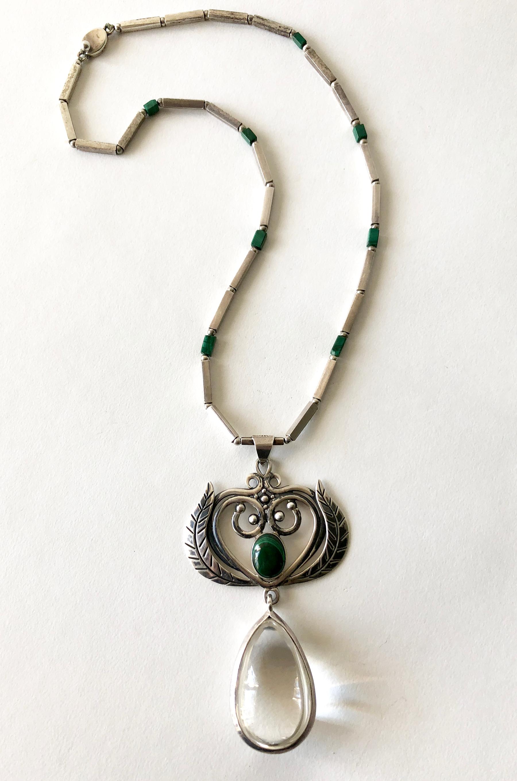 Los Castillo, rare collier moderne mexicain en argent sterling avec malachite et cristal de roche Bon état - En vente à Palm Springs, CA